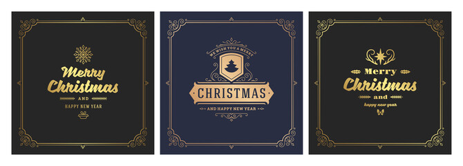 Christmas square banners vintage typographic design, ornate decorations symbols vector illustration
