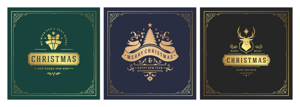 Christmas square banners vintage typographic design, ornate decorations symbols vector illustration