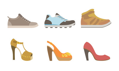 Collection of Male and Female Shoes, Side View Vector Illustration