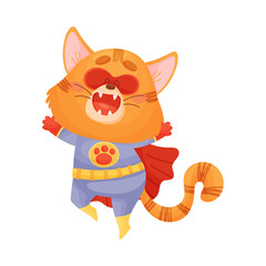 Cartoon cat superhero jumping up. Vector illustration on a white background.