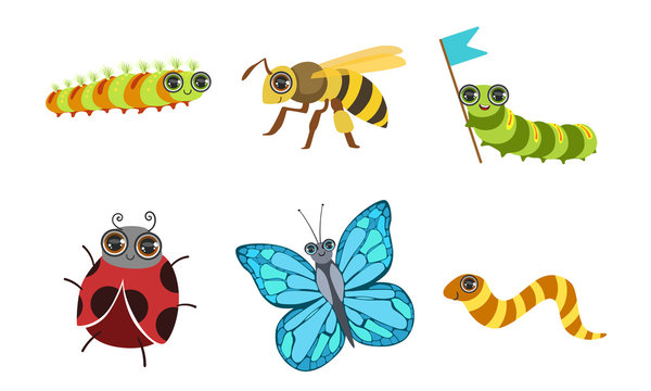 Collection of Cute Funny Cartoon Insects Set, Ladybug, Butterfly, Deer Beetle, Wasp Vector Illustration
