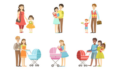 Parents Daily Routine Activities Set, Mothers and Fathers Walking with Their Children Concept Vector Illustration