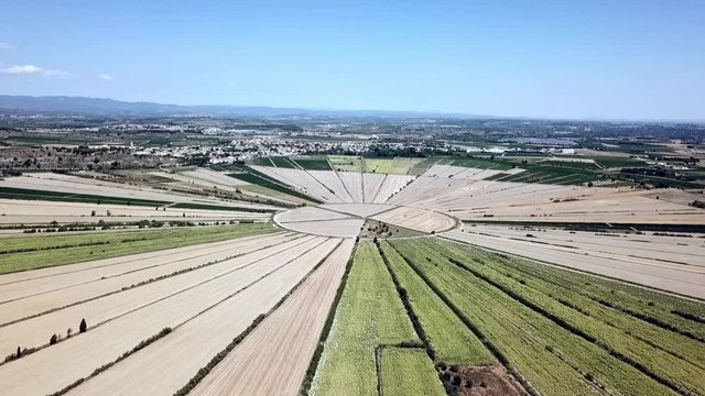 Aerial view of the circular fields of the drained lake of Montady, France, Europe.