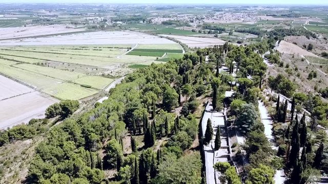 Aerial view of the circular fields of the drained lake of Montady, France, Europe.