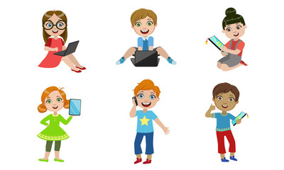 Kids with Gadgets Set, Smiling Boys and Girls Characters Using Tablet, Smartphone, Laptop Vector Illustration
