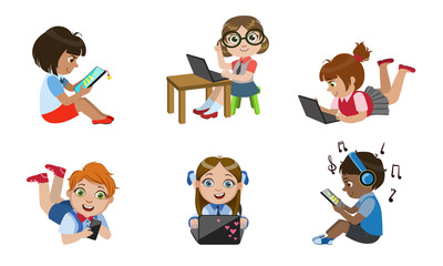 Kids with Gadgets Set, Smiling Boys and Girls Characters Using Tablet, Smartphone, Laptop, Media Player Vector Illustration