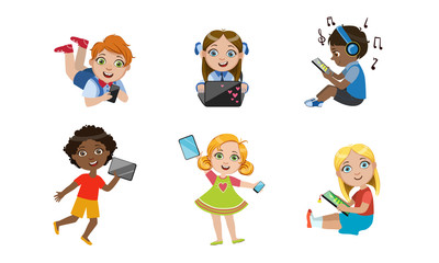 Kids with Gadgets Set, Cute Smiling Boys and Girls Characters Using Tablet, Smartphone, Laptop, Media Player Vector Illustration