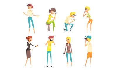 Professional Media People Set, Journalists and Photographers Characters at Work Vector Illustration