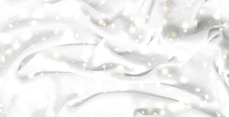 Magic holiday white soft silk flatlay background texture with glowing snow, luxury beauty abstract backdrop