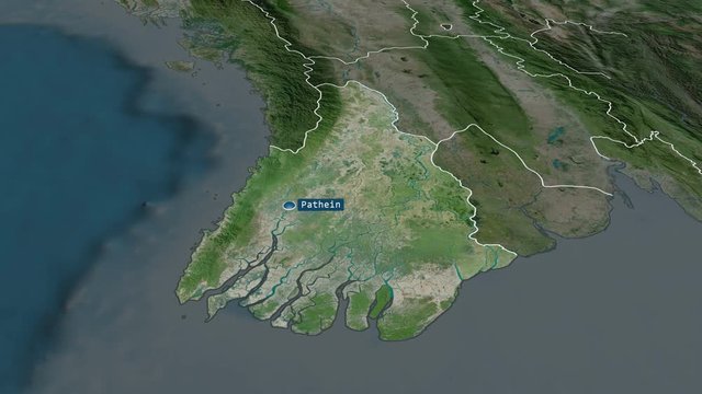 Ayeyarwady - division of Myanmar with its capital zoomed on the satellite map of the globe. Animation 3D