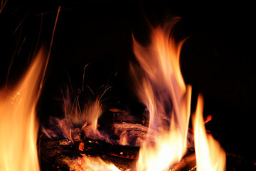 Fototapeta premium Fire, flame on a black background, burning coals and sparks from the fire, motion blur. Abstract background.