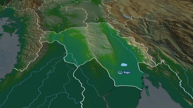 Bago - division of Myanmar with its capital zoomed on the physical map of the globe. Animation 3D