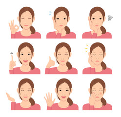 Young woman vector illustration set / hand gesture and emotional face variation.