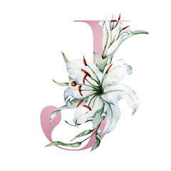 Letter J with watercolor flowers lilies and leaves. Floral alphabet, monogram initials perfectly for wedding invitation, birthday, greeting card, logo and other. Holiday design hand painting. 