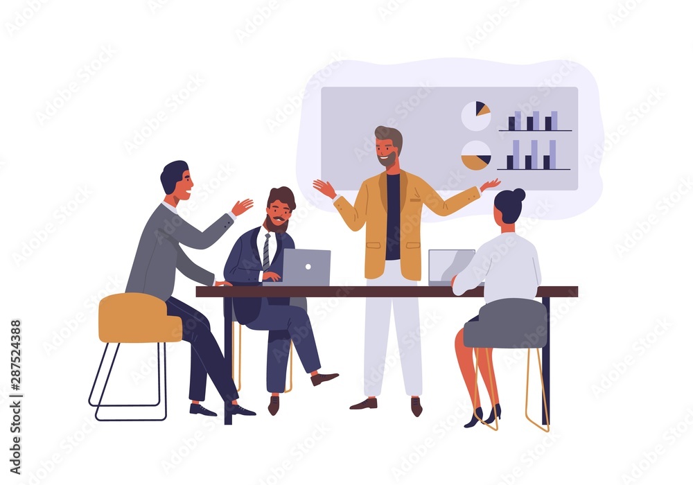 Poster business conference flat vector illustration. boss and employees discussing project isolated cartoon