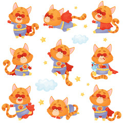 Set of cartoon cat in a superhero costume. Vector illustration on a white background.