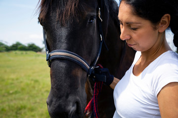 Obraz premium A woman and a horse at the stud. Horse Riding,