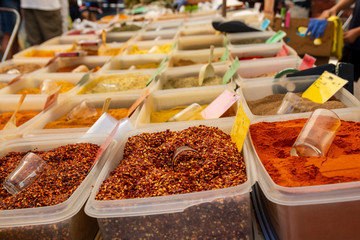 Spices for sale on streetmarket in a littke Greece village.