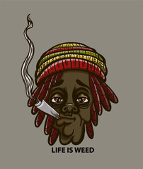 Rastafarian in a hat with dreadlocks and jamb,life is Weed