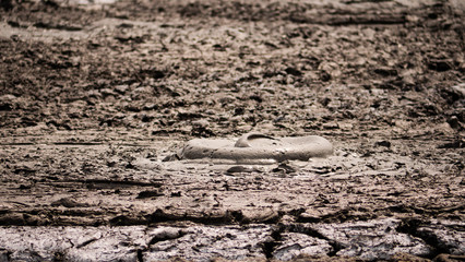 Mud volcano bledug kuwu. volcanic plateau with geothermal activity and geysers, Indonesia java. aerial view volcanic landscape