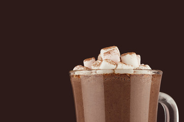 Winter hot drink cocoa with marshmallows, cocoa powder closeup, details, top section on dark brown wall, copy space.