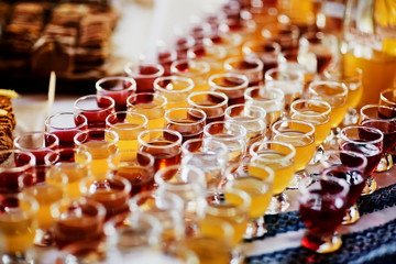 Selection of alcoholic drinks. Set of wine, brandy, hard liquor, liqueur, tincture, cognac, whiskey in glasses. Large variety of alcohol and spirits drink.