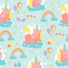Obraz na płótnie Canvas vector seamless pattern cute unicorn. rainbow, clouds, magic wand, crystals, gems
