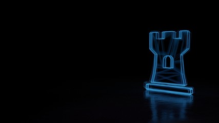 3d glowing wireframe symbol of symbol of chess rook isolated on black background