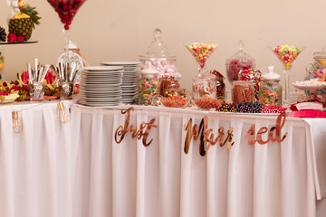 Candy bar. Table with sweets, candies, dessert. selective focus
