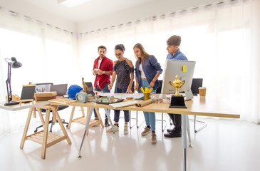 Creative business people working in start up office,modern creative and design worker concept, Group Of Asian and Multi-ethnic Business people with casual suit talking and brainstorming