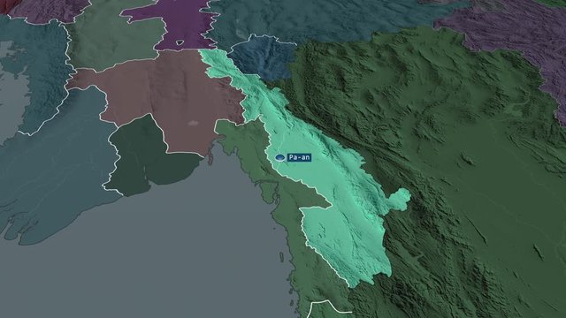 Kayin - state of Myanmar with its capital zoomed on the administrative map of the globe. Animation 3D