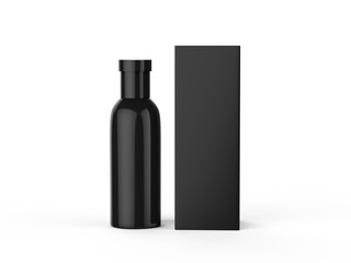 Perfume bottle and black packaging box mock up template on isolated white background, 3d illustration