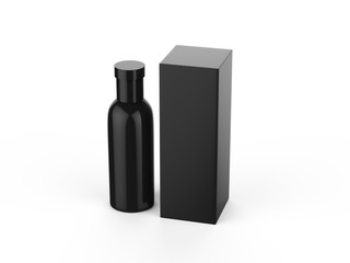 Perfume bottle and black packaging box mock up template on isolated white background, 3d illustration