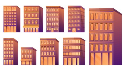 cartoon set of city buildings, vector illustration