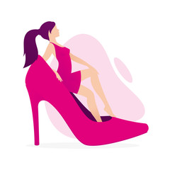 Obraz na płótnie Canvas Vector illustration of a woman in sexy dress sitting in a women shoes. Isolated on white background.