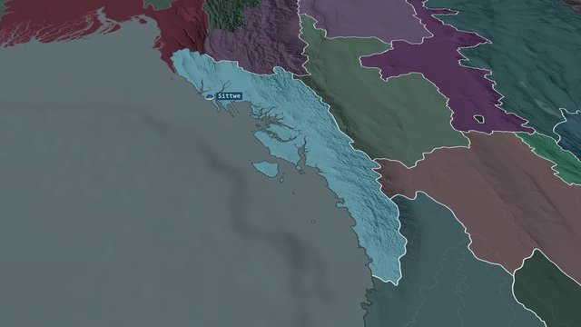 Rakhine - state of Myanmar with its capital zoomed on the administrative map of the globe. Animation 3D