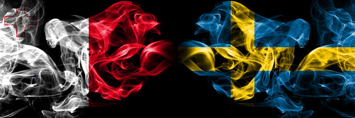 Malta, Maltese, Sweden, Swedish competition thick colorful smoky flags. European football qualifications games