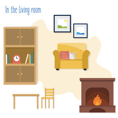 In the living room flat vector illustration set