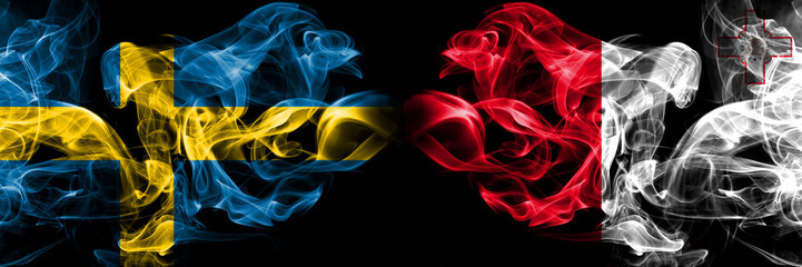 Sweden, Swedish, Malta, Maltese, flip competition thick colorful smoky flags. European football qualifications games