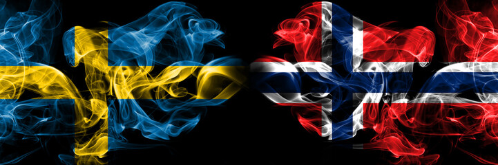 Sweden, Swedish, Norway, Norwegian competition thick colorful smoky flags. European football qualifications games