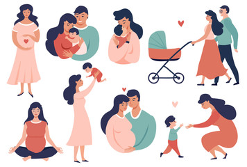 Happy Young Family set. Pregnancy and maternity  concept illustration. Smiling Parent, Mother hold little baby. Flat Cartoon Vector Illustration