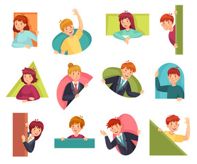 People peeking out. Man looking out, woman searching something and curiosity. Surprise emotion avatars, spying looking humans character. Cartoon vector illustration isolated icons set