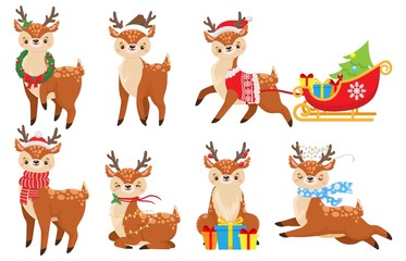 Cartoon christmas deer. Cute fawn in winter scarf, xmas reindeer child and funny deers. 2020 New Year mascot, Santa magic deer character with gifts. Isolated vector illustration icons set