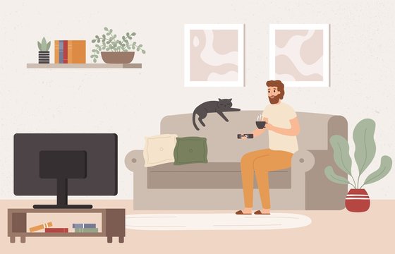 Young man watch TV. Drinking tea and watching televison show, spending weekend on sofa. Comfortable relaxing at home apartment, adult male character watch video channel vector illustration