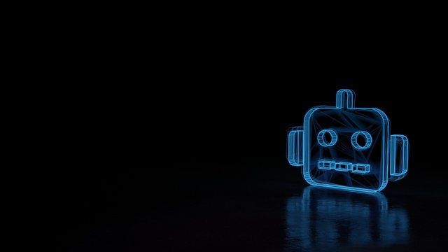3d glowing wireframe symbol of symbol of robot isolated on black background
