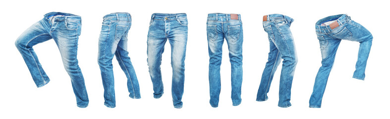 Set of empty blank jeans pants in different poses isolated on a white background