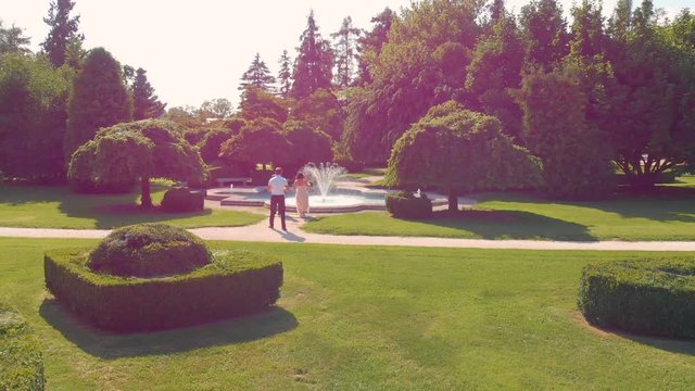 It's a gorgeous day for a wedding and for wedding photos taken in the famous gardens in Slovenia. Aerial shot.