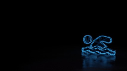 3d glowing wireframe symbol of symbol of swimmer isolated on black background