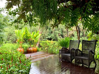 chairs set on the wooden floor in the relaxing area outdoor, outdoor furniture set.