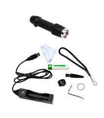 modern black metal flashlight isolated on white